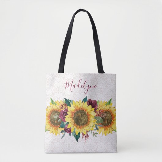 Zonnebloemen Kant Waterverf Bourgogne Bloemen Tote Bag (Voorkant)