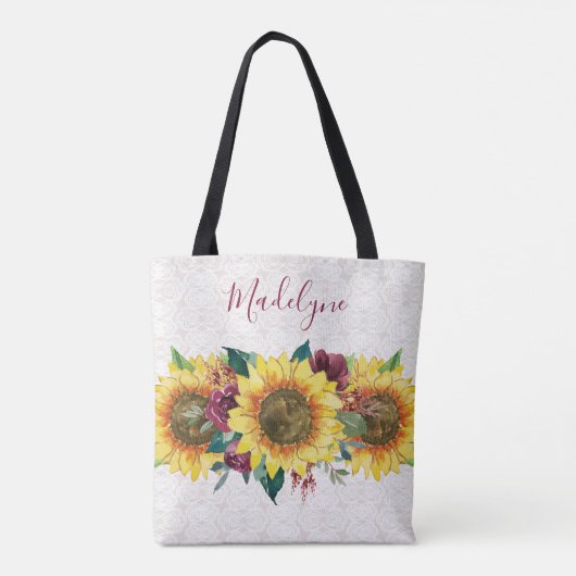 Zonnebloemen Kant Waterverf Bourgogne Bloemen Tote Bag (Achterkant)