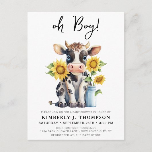 Zonnebloemen Koe Moderne uitnodiging tot Baby show (Voorkant)
