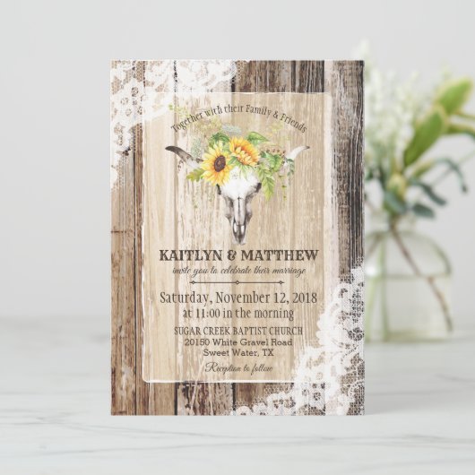 Zonnebloemen Koe schedel schuur hout rustieke brui Kaart (Staand voorkant)