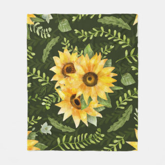 Zonnebloemen Kruiden bladeren Waterverf patroon Fleece Deken