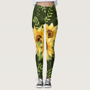 Zonnebloemen Kruiden bladeren Waterverf patroon Leggings