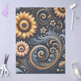 Zonnebloemen & Krullen Marineblauw Goud Decoupage  Tissuepapier
