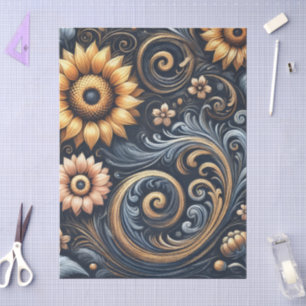 Zonnebloemen & Krullen Marineblauw Goud Decoupage Tissuepapier