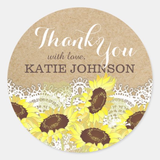 Zonnebloemen Lace Kraft Dank je wel Ronde Sticker (Voorkant)
