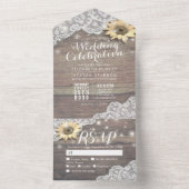 Zonnebloemen Lace Rustic Wood String Lights Weddin All In One Uitnodiging (Binnen)