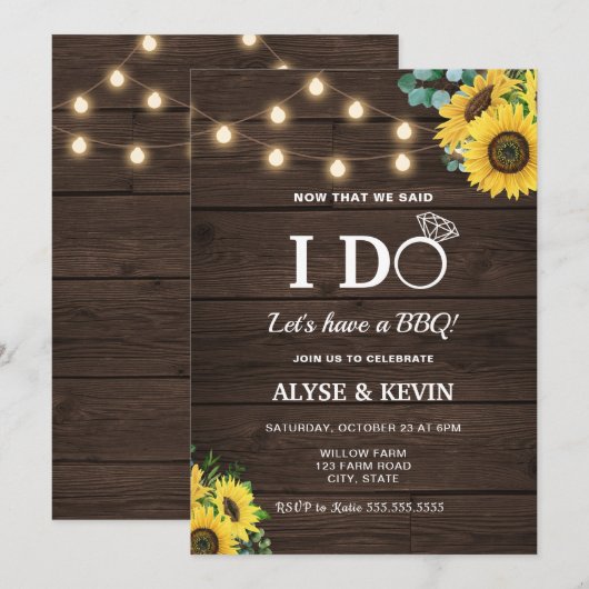 Zonnebloemen, lampjes en Barnwood I DO BBQ Kaart (Voorkant / Achterkant)