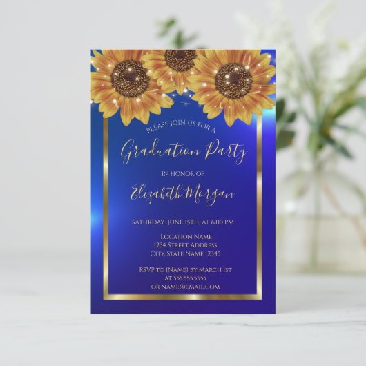 Zonnebloemen, lampjes, hout, Confetti blauw Afstud Kaart (Staand voorkant)