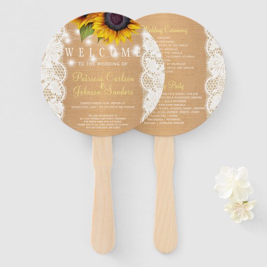 Zonnebloemen land jute kant bruiloft ceremonie handwaaier (Voorkant en achterkant)