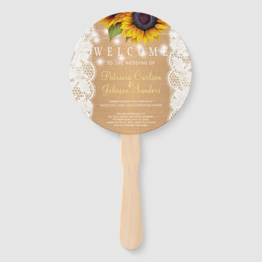 Zonnebloemen land jute kant bruiloft ceremonie handwaaier (Voorkant)