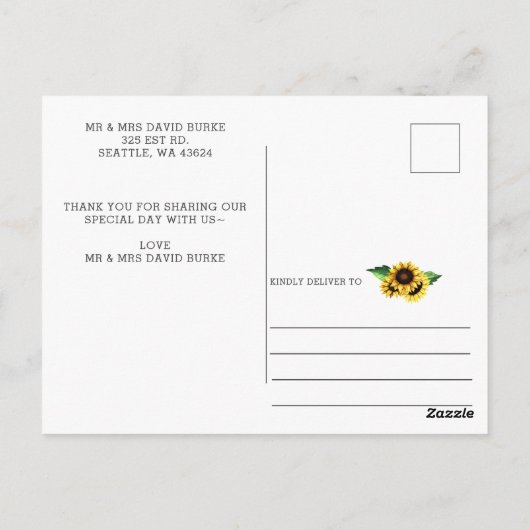 Zonnebloemen land rustieke bruiloft dank u briefkaart (Achterkant)