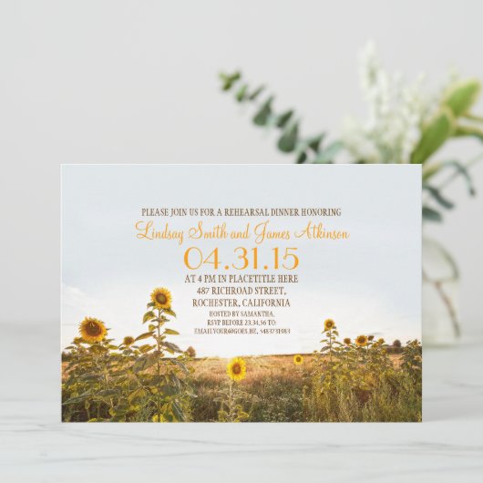 Zonnebloemen land rustieke repetitie diner uitnodi kaart (Staand voorkant)