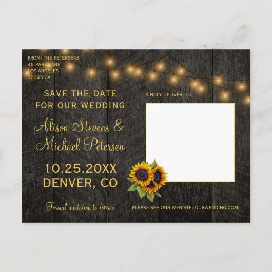 Zonnebloemen land schuur hout opslaan de datum bru aankondigingskaart (Achterkant)