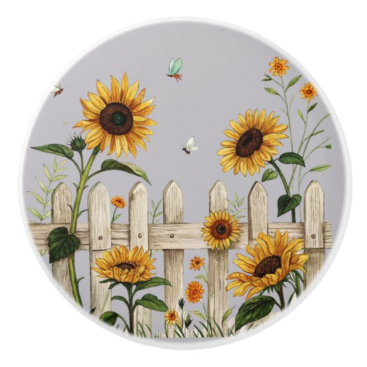 Zonnebloemen langs het witte hek keramische knop (Voorkant)