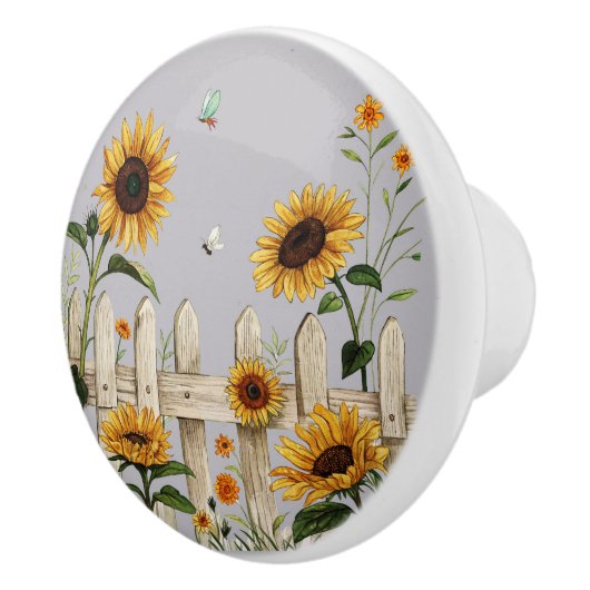 Zonnebloemen langs het witte hek keramische knop (Rechts)