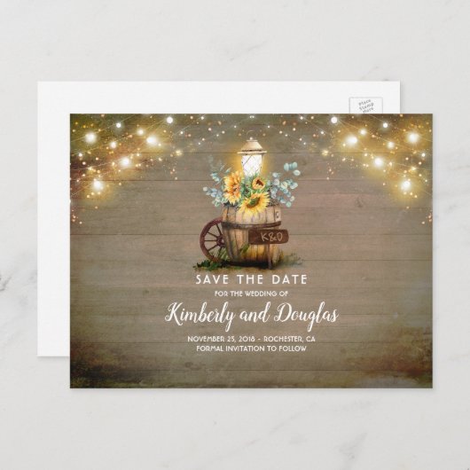 Zonnebloemen Lantern rustieke Herfst Save the Date Aankondigingskaart (Voorkant / Achterkant)