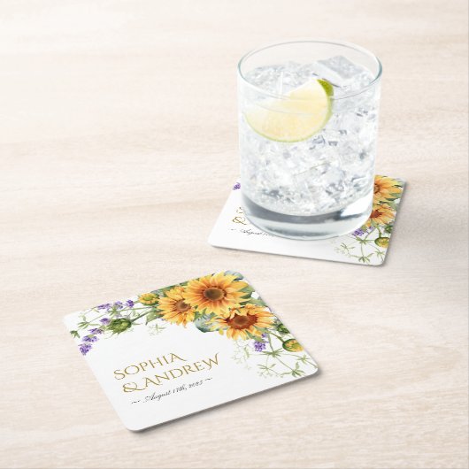 Zonnebloemen & Lavander Bruiloft Vierkant Papier O Kartonnen Onderzetters (Insitu)