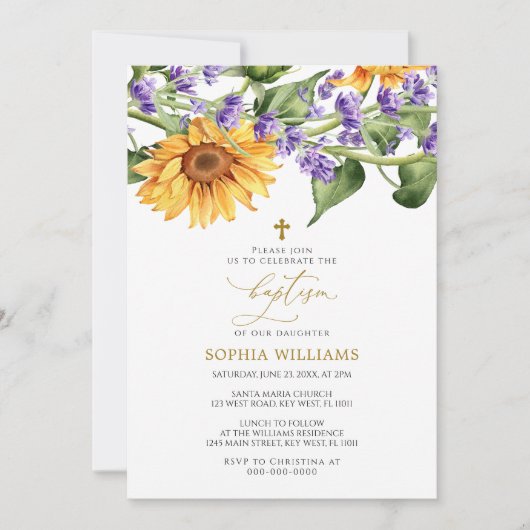 Zonnebloemen & Lavander Doop Uitnodiging (Voorkant)