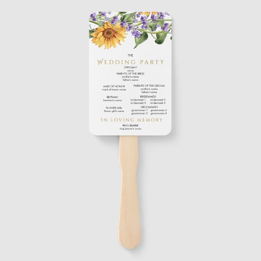 Zonnebloemen & Lavander Rustiek huwelijksprogramma Handwaaier (Achterkant)