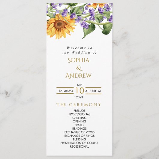 Zonnebloemen & Lavander rustieke bruiloft programm Programmakaart (Voorkant)