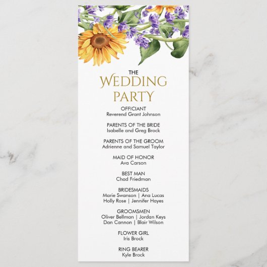 Zonnebloemen & Lavander rustieke bruiloft programm Programmakaart (Achterkant)