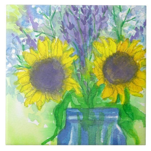 Zonnebloemen Lavendel Baby's Breath Bouquet Tegeltje (Voorkant)