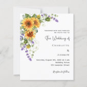Zonnebloemen lavendel bloemen bruiloft uitnodiging (Voorkant)