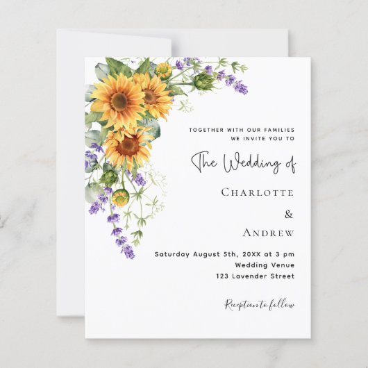 Zonnebloemen lavendel bloemen bruiloft uitnodiging (Voorkant)