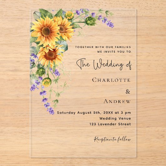 Zonnebloemen lavendel bloemen duidelijke bruiloft acryl uitnodigingen (Voorkant)