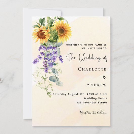 Zonnebloemen lavendel bloemen eucalyptus bruiloft kaart (Voorkant)