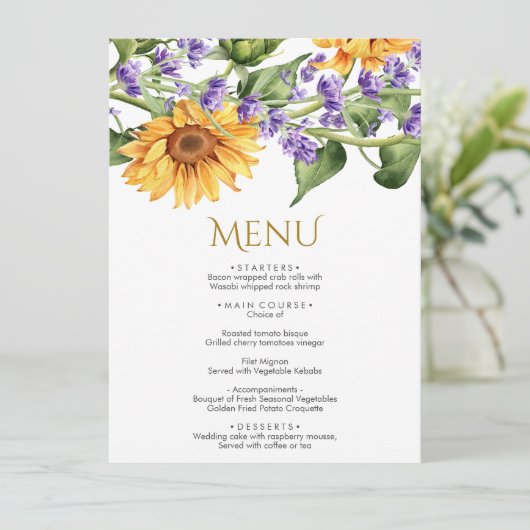 Zonnebloemen & Lavendel Bruiloft Menu (Staand voorkant)