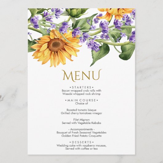 Zonnebloemen & Lavendel Bruiloft Menu (Voorkant)