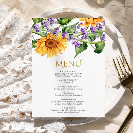 Zonnebloemen & Lavendel Bruiloft Menu