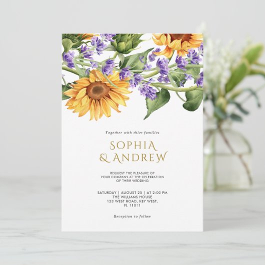 Zonnebloemen & Lavendel bruiloft uitnodiging (Staand voorkant)