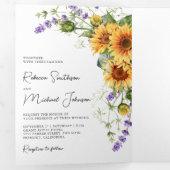 Zonnebloemen lavender Al in één QR Code Weddenscha Drieluik Uitnodiging (Binnenzijde eerst)