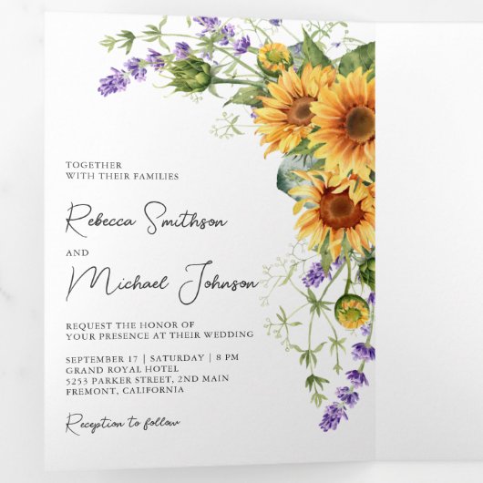 Zonnebloemen lavender Al in één QR Code Weddenscha Drieluik Uitnodiging (Binnenzijde eerst)