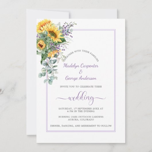 Zonnebloemen Lavender Eucalyptus Greenery Wedding Kaart (Voorkant)