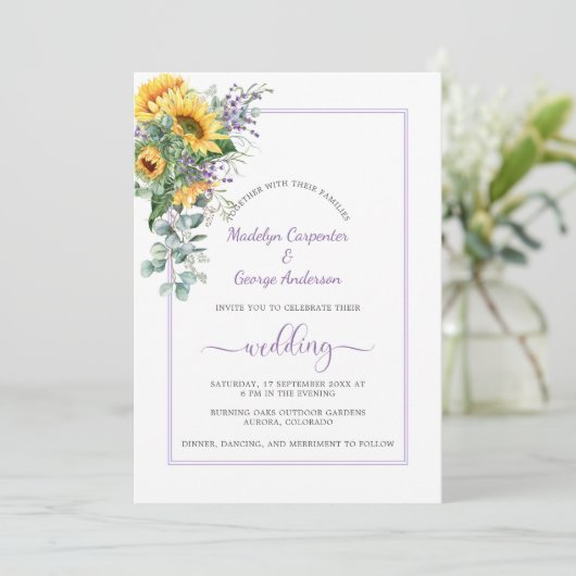 Zonnebloemen Lavender Eucalyptus Greenery Wedding Kaart (Staand voorkant)