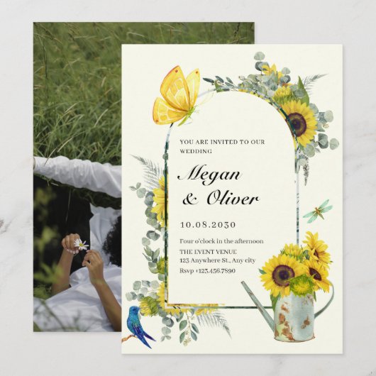 Zonnebloemen lente bruiloft kaart (Voorkant / Achterkant)
