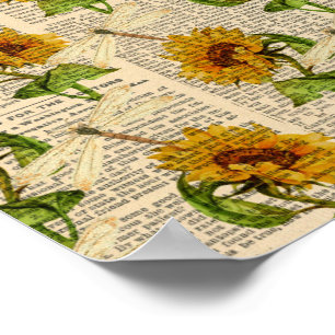 Zonnebloemen Libellen Oude Krant Landelijke Stijl Poster