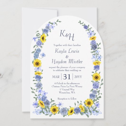 Zonnebloemen & Lichtblauw Roos Tuin Wedding Arches Kaart (Voorkant)