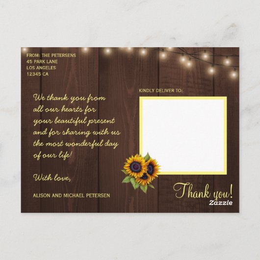 Zonnebloemen liefde en bedankt bruiloft dank u briefkaart (Achterkant)