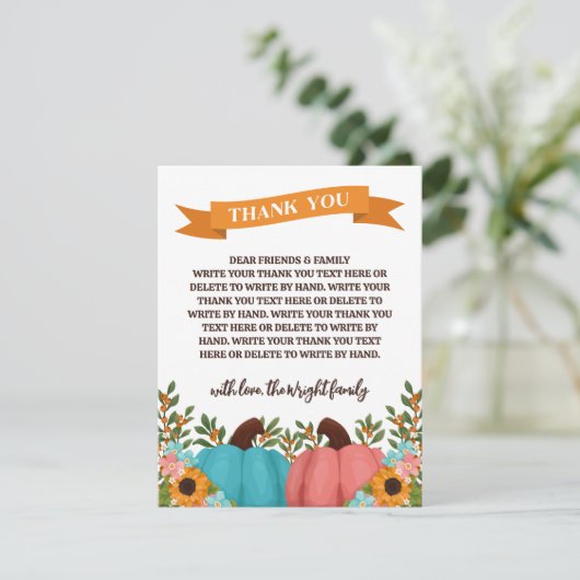 Zonnebloemen Little Pumpkin Geslacht Reveal Dank u Bedankkaart (Staand voorkant)