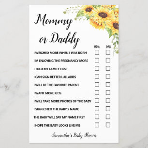 Zonnebloemen Mam of pap zei Baby shower Game-kaart Flyer