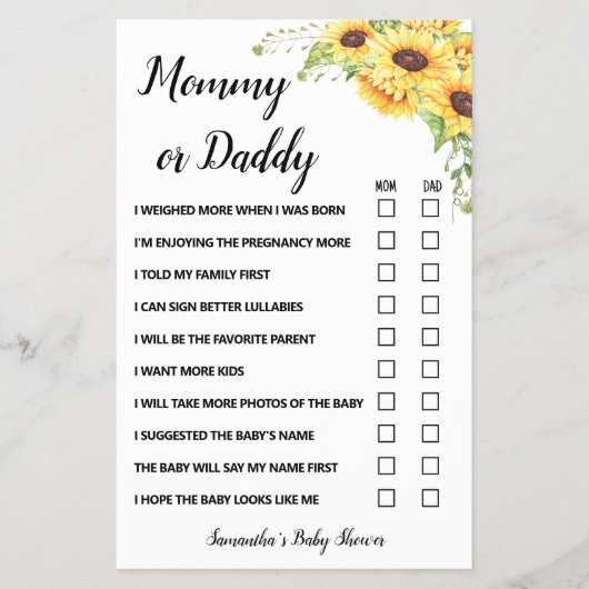 Zonnebloemen Mam of pap zei Baby shower Game-kaart Flyer (Voorkant)