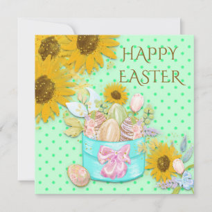 Zonnebloemen Mand Eieren Happy Easter Green Stippe Feestdagenkaart