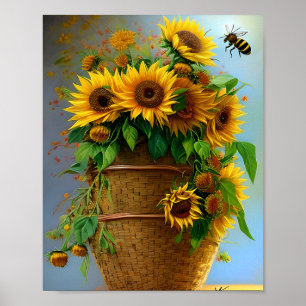 Zonnebloemen mand en bijen poster