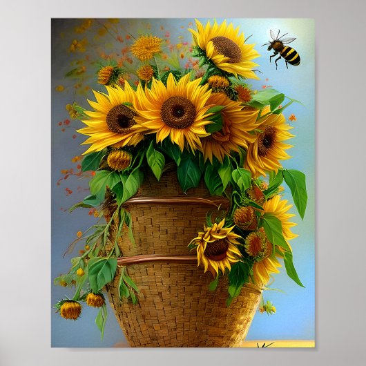 Zonnebloemen mand en bijen poster (Voorkant)