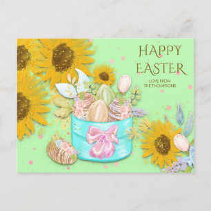 Zonnebloemen Mand Happy Easter Eggs Naam Groen Feestdagenkaart