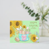 Zonnebloemen Mand Happy Easter Eggs Naam Groen Feestdagenkaart (Staand voorkant)